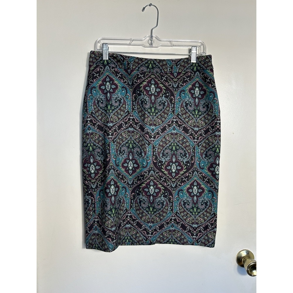 Talbots Pencil Skirt Size 6 Paisley Medallion Teal Purple Mod Boho Knee Length